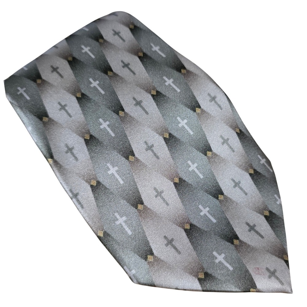 Eagles Wings Mens Silk Necktie Green Silver Geometric Cross Religious Faith